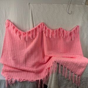 Handmade Crocheted Pink Blanket Afghan Grannycore Throw fringe 60x80 New